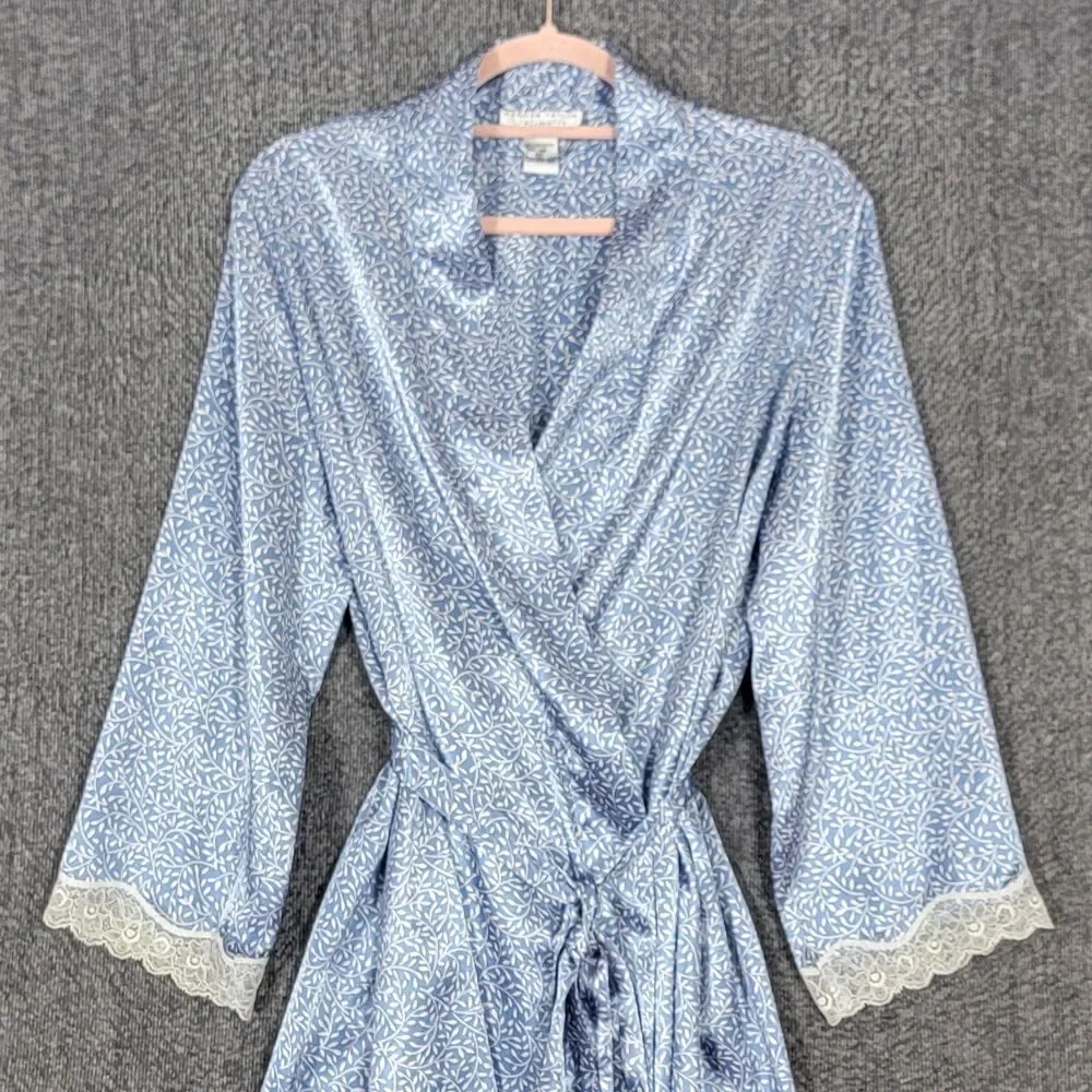 Vintage Morgan Taylor Intimates Robe XS Blue White Floral Satin 3/4 Sleeve Belt